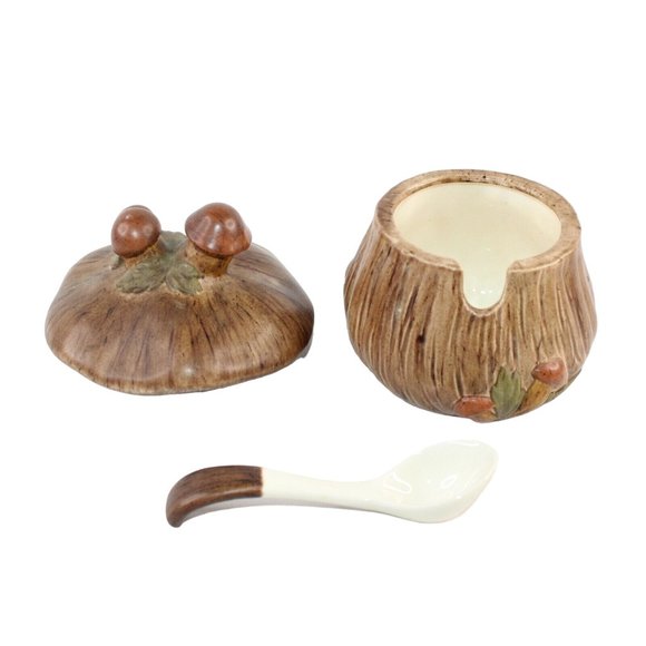 Vintage Hand Painted MCM Ceramic Mushroom Sugar Bowl Lid Matching Spoon Set - Picture 5 of 10